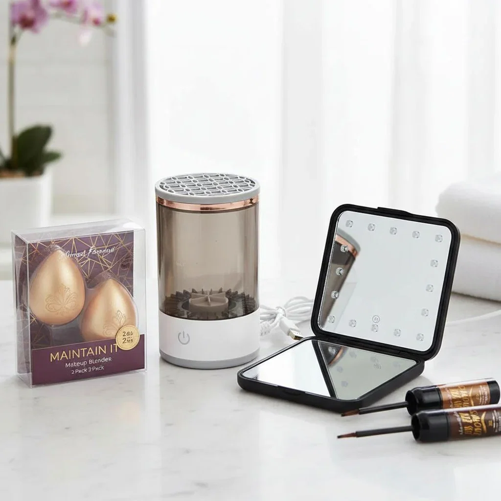 Everyday Glam beauty collection featuring makeup blender eggs, LED makeup mirror, brush cleaner, and cosmetic products on marble surface.