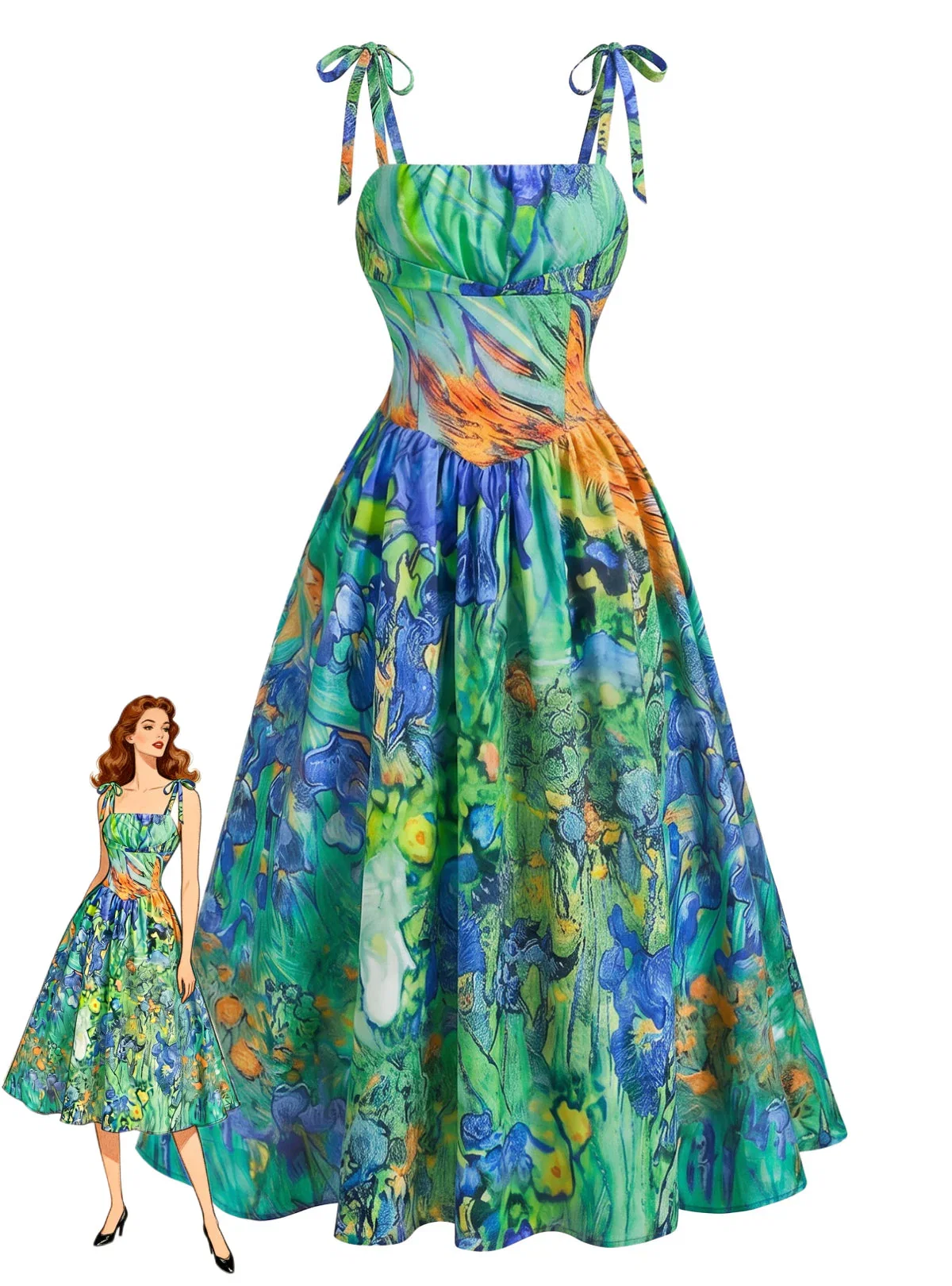 Green 1950s Iris Oil Painting Spaghetti Strap Dress