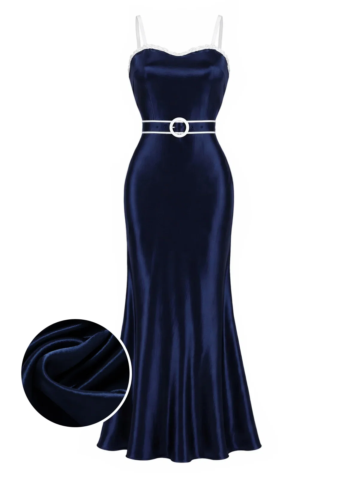 [Pre-Sale] Blue 1930s Nautical Braided Trim Satin Belted Slip Dress