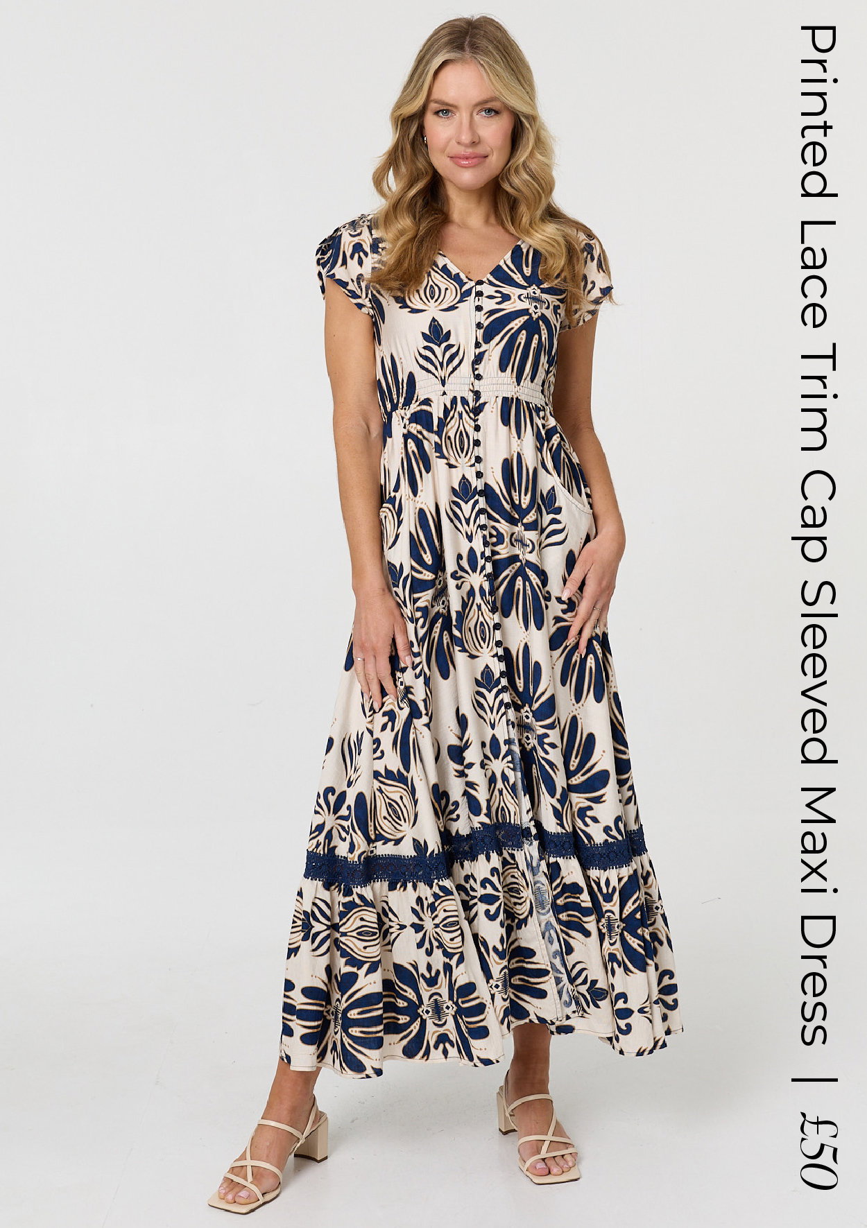 Printed Lace Trim Cap Sleeved Maxi Dress | Shop Now