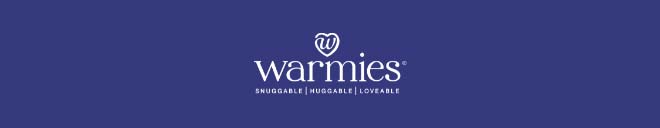 Warmies logo on blue. Shop Warmies.