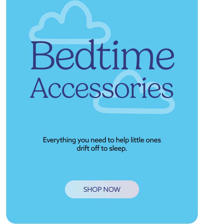 A blue text card. Shop Bedtime Accessories.