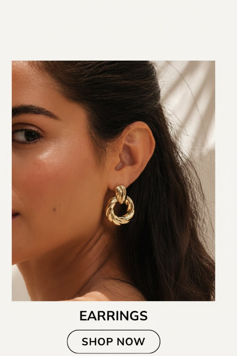 Gold twisted hoop earrings on a woman's ear, with "EARTHINGS SHOP NOW" text.