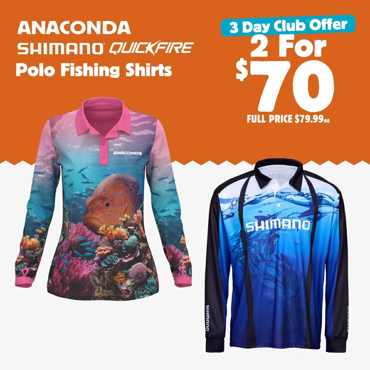 2 for $70 Anaconda Shimano Quickfire Polo Fishing Shirts