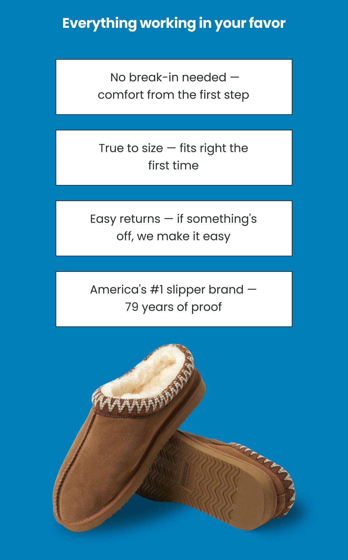 Everything working in your favor  — No break-in needed — comfort from the first step — True to size — fits right the first time — Easy returns — if something's off, we make it easy — America's #1 slipper brand — 79 years of proof 