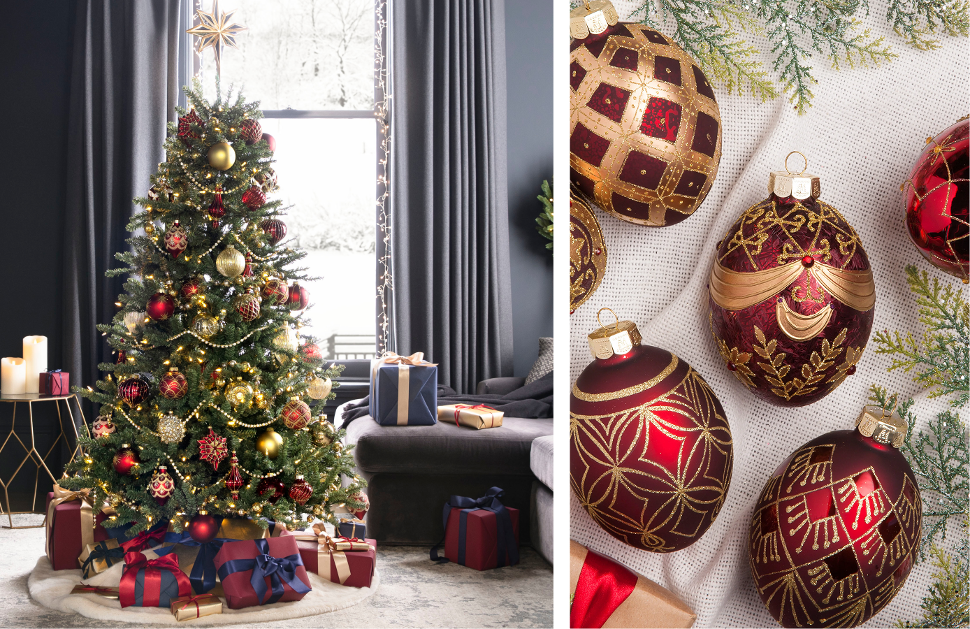 Christmas tree decorated with red and gold ornaments beside a close-up of matching red and gold baubles.