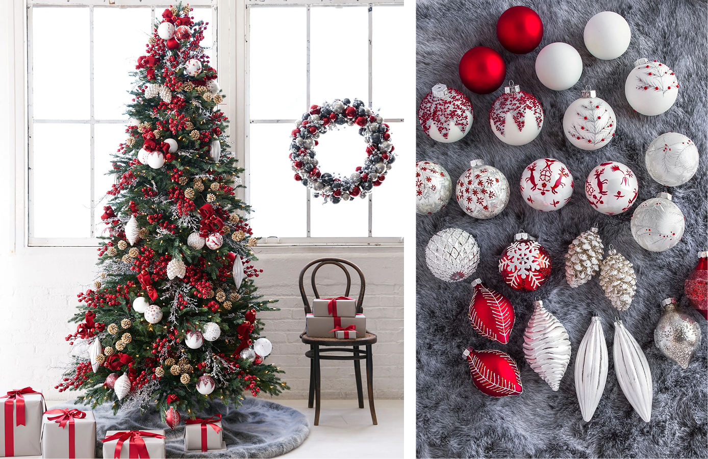Christmas tree decorated with red, white, and silver ornaments beside a matching wreath and ornament collection.