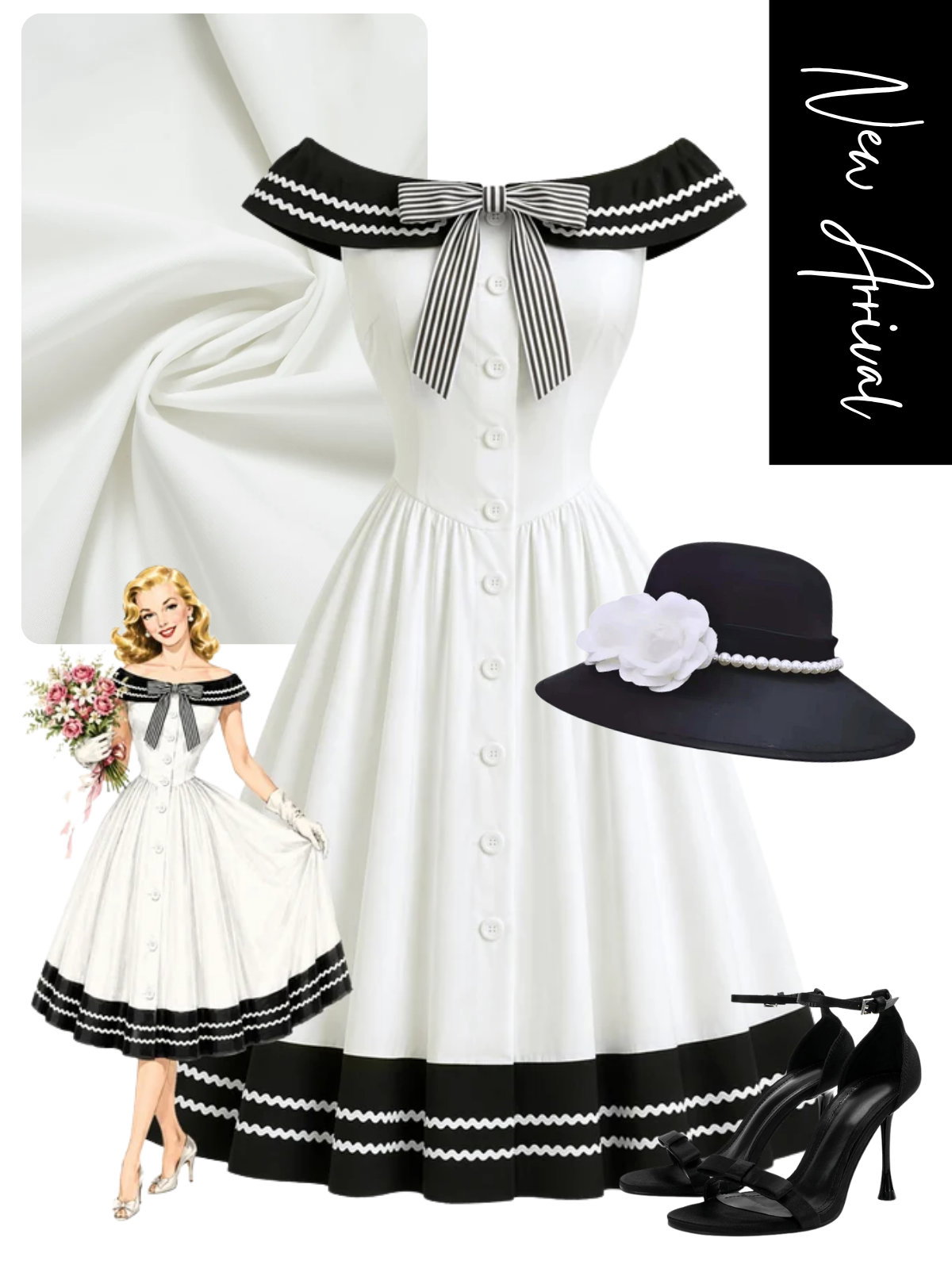 [Pre-Sale] Black & White 1950s Off-Shoulder Stripe Bow Dress