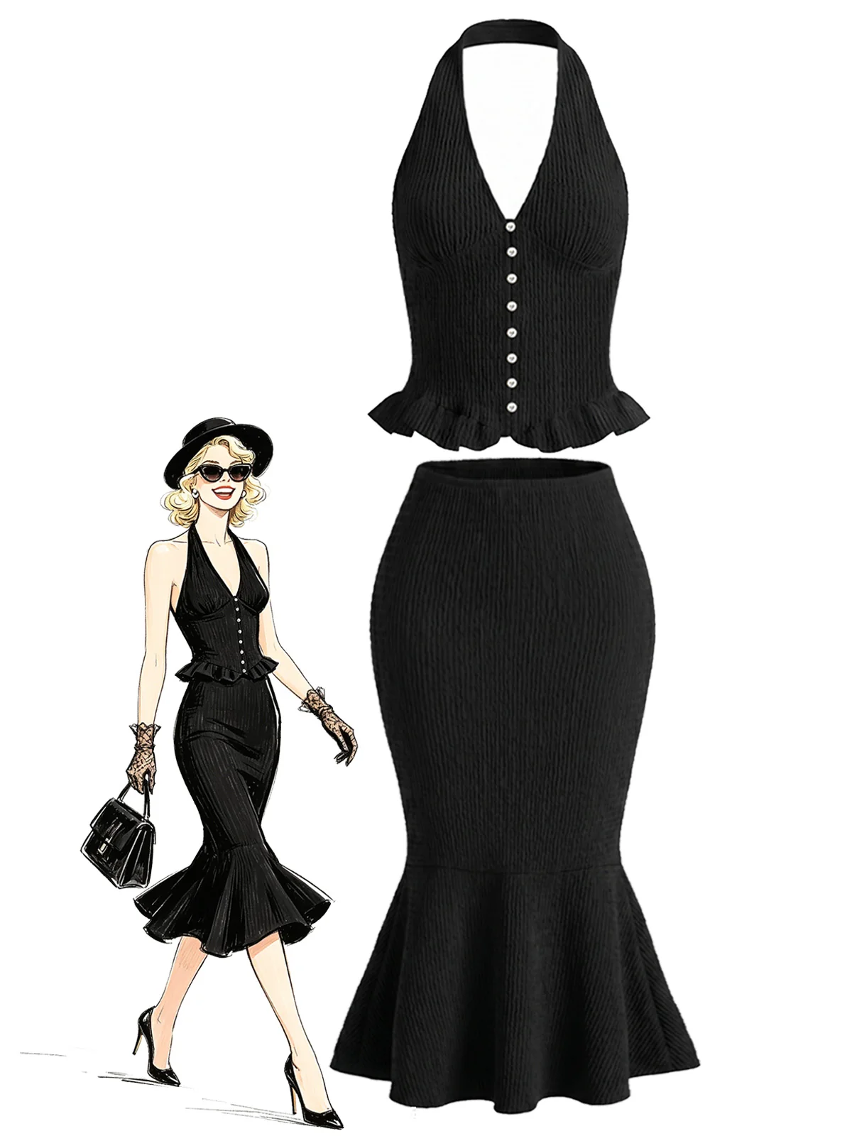 [Pre-Sale] 2PCS Black 1960s Knit Halter Top & Mermaid Skirt Set