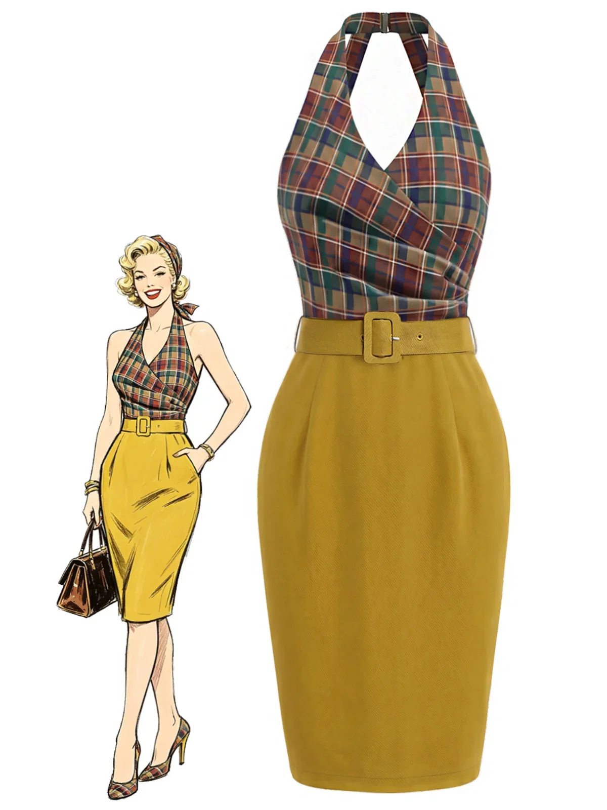 [Pre-Sale] Brown 1960s Plaid Halter V-Neck Backless Pencil Dress