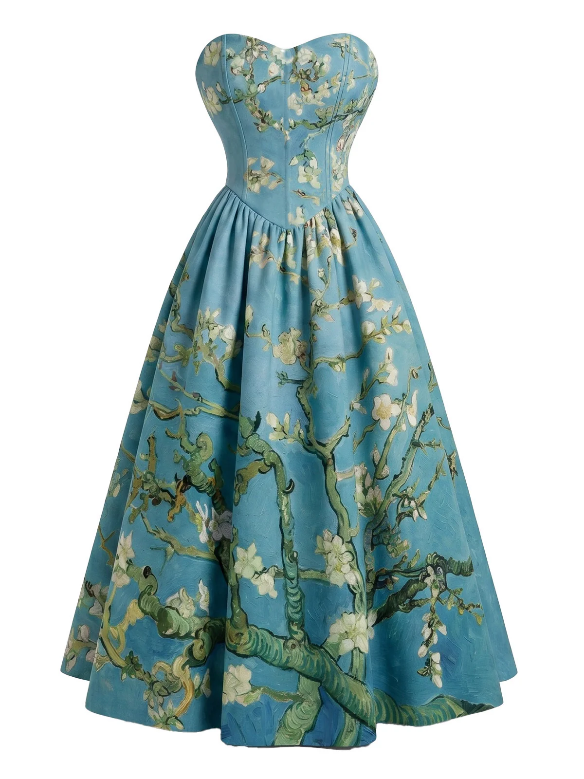 [Pre-Sale] Blue 1950s Almond Blossom Sweetheart Strapless Dress