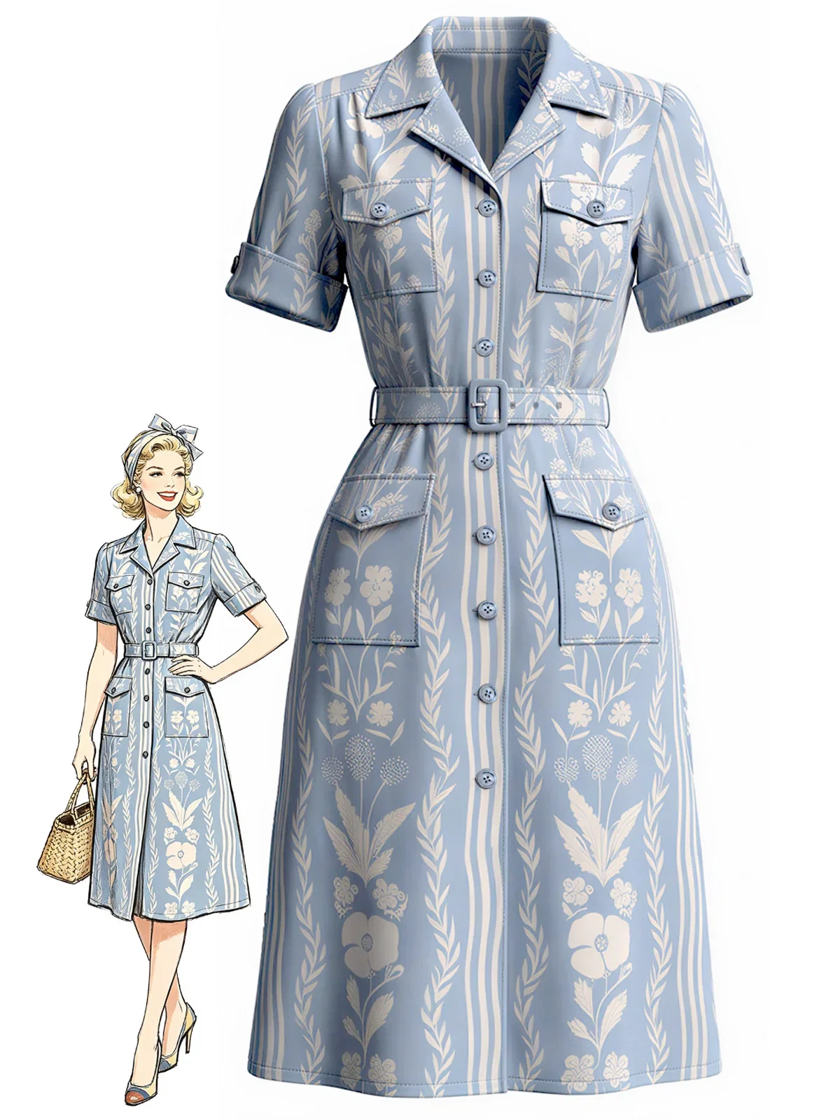 [Pre-Sale] Blue 1940s Plants Print Belted Pockets Slit Dress