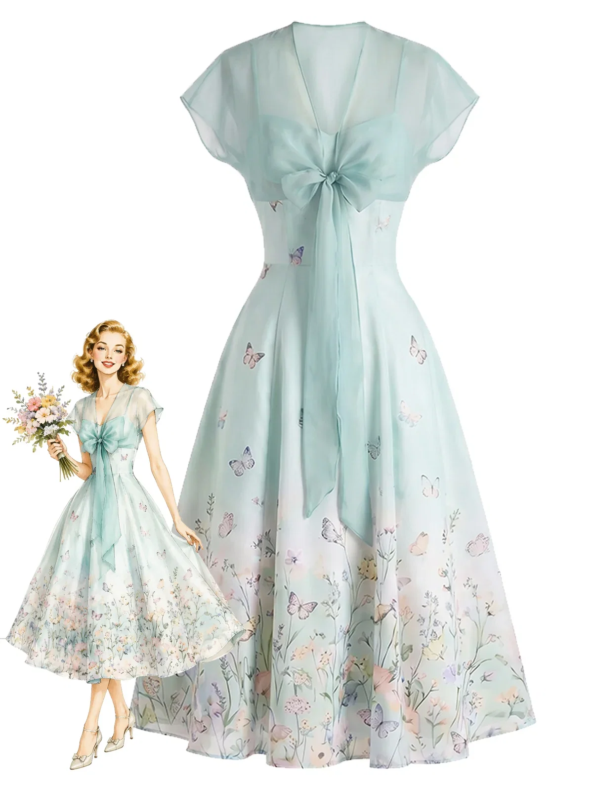 [Pre-Sale] Light Blue 1940s Floral Dress with Chiffon Cape