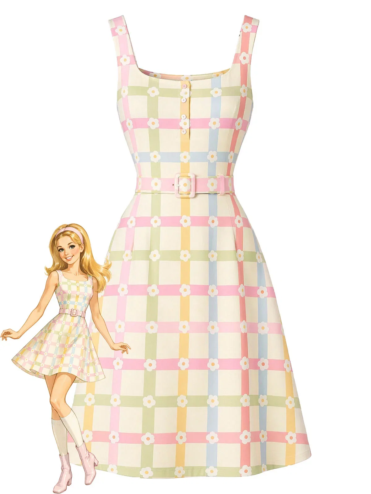 [Pre-Sale] Beige 1960s Colorful Plaid Floral Square Neck A-Line Dress