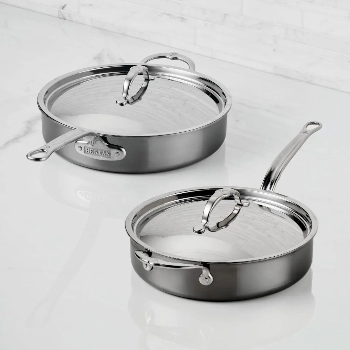 IMG: Titanium Sauté Pans on marble countertop