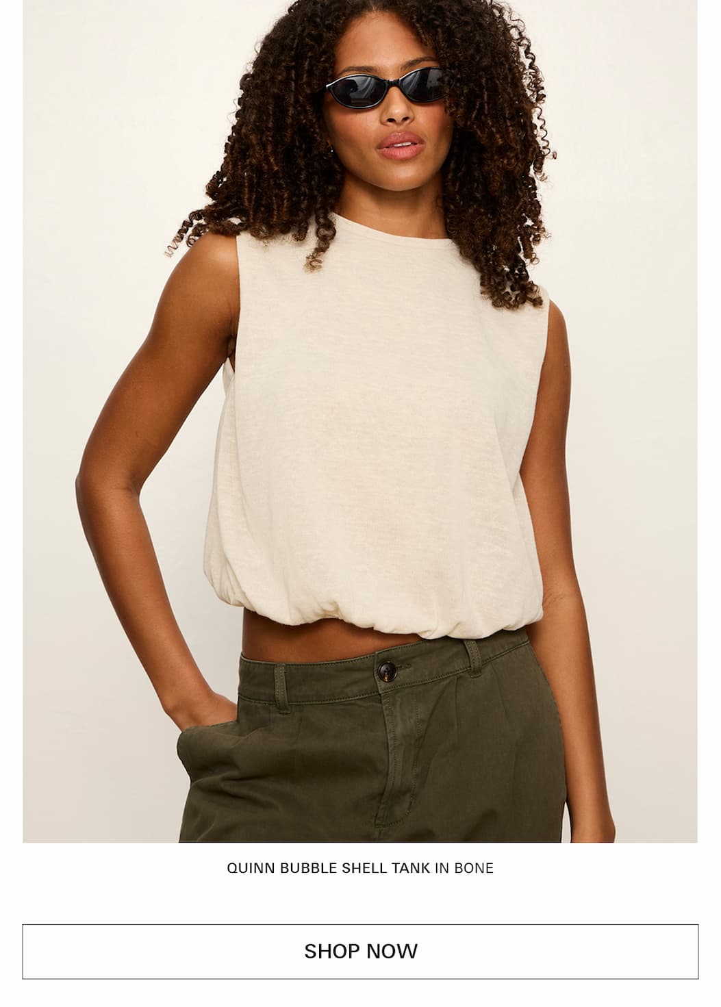 another image of model in bubble top bone colorway