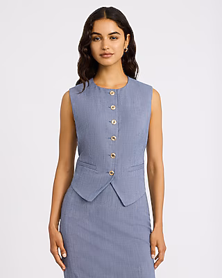 Lightweight Textured Crew Neck Gold Button Blazer Vest