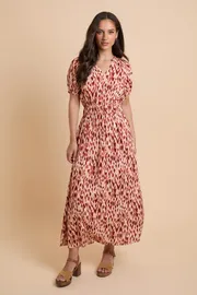 Orange Animal Puff Sleeve Waisted Midi Dress