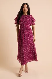Petite Berry Ditsy Flutter Sleeve Frill Yoke Printed Chiffon Midaxi Dress