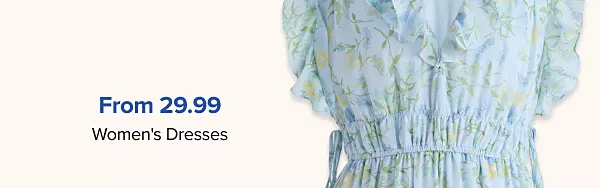 From 29.99 womens dresses. Shop now. A blue dress with flower prints on it.