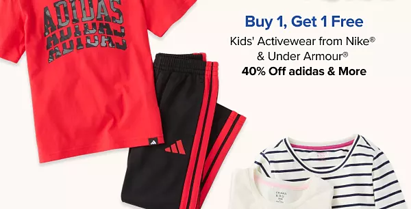 Buy one, get one free kids activewear from Nike and Under Armour. Plus, 40% off adidas and more. Shop now. A red athletic shirt and black sweatpants.