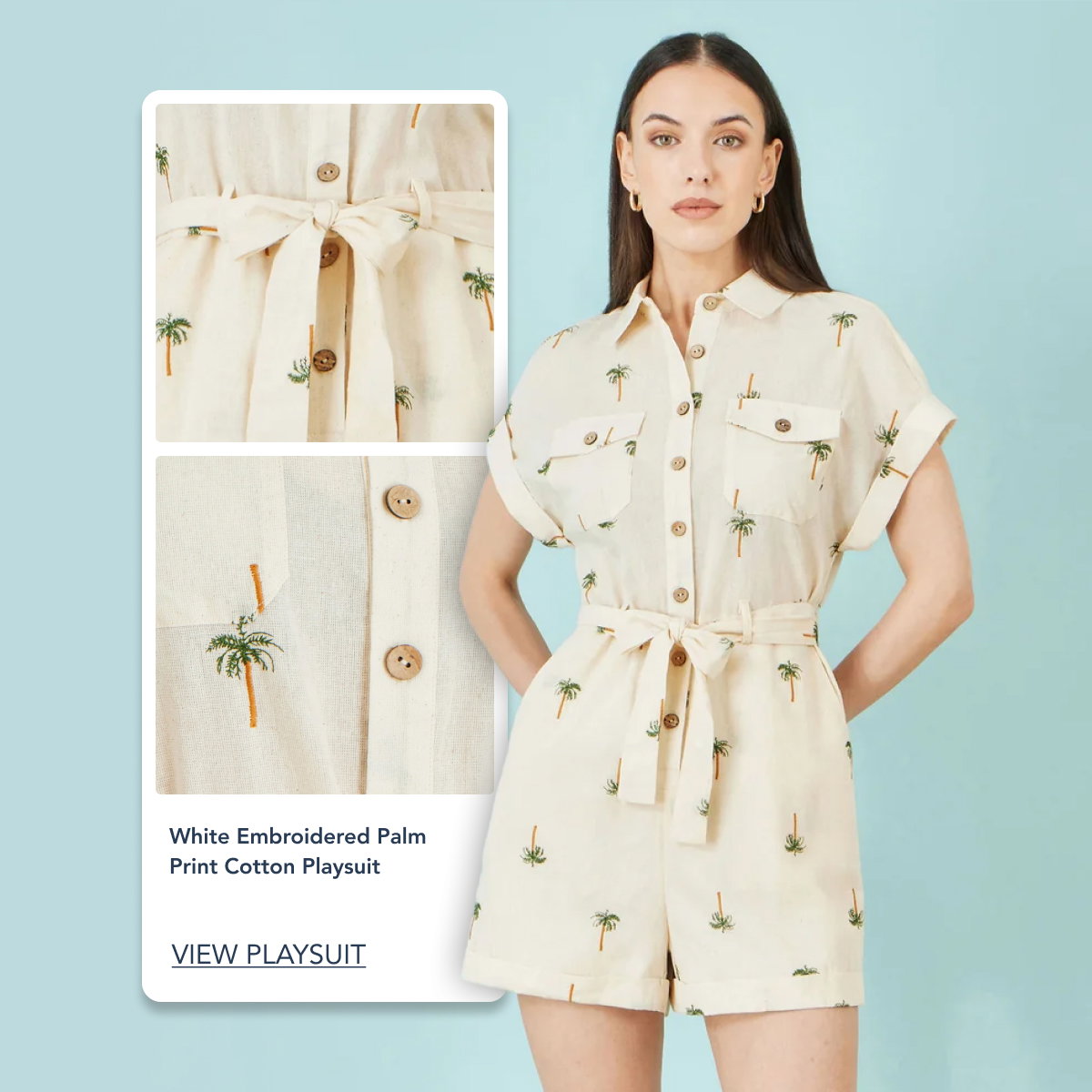Yumi White Embroidered Palm Print Cotton Playsuit