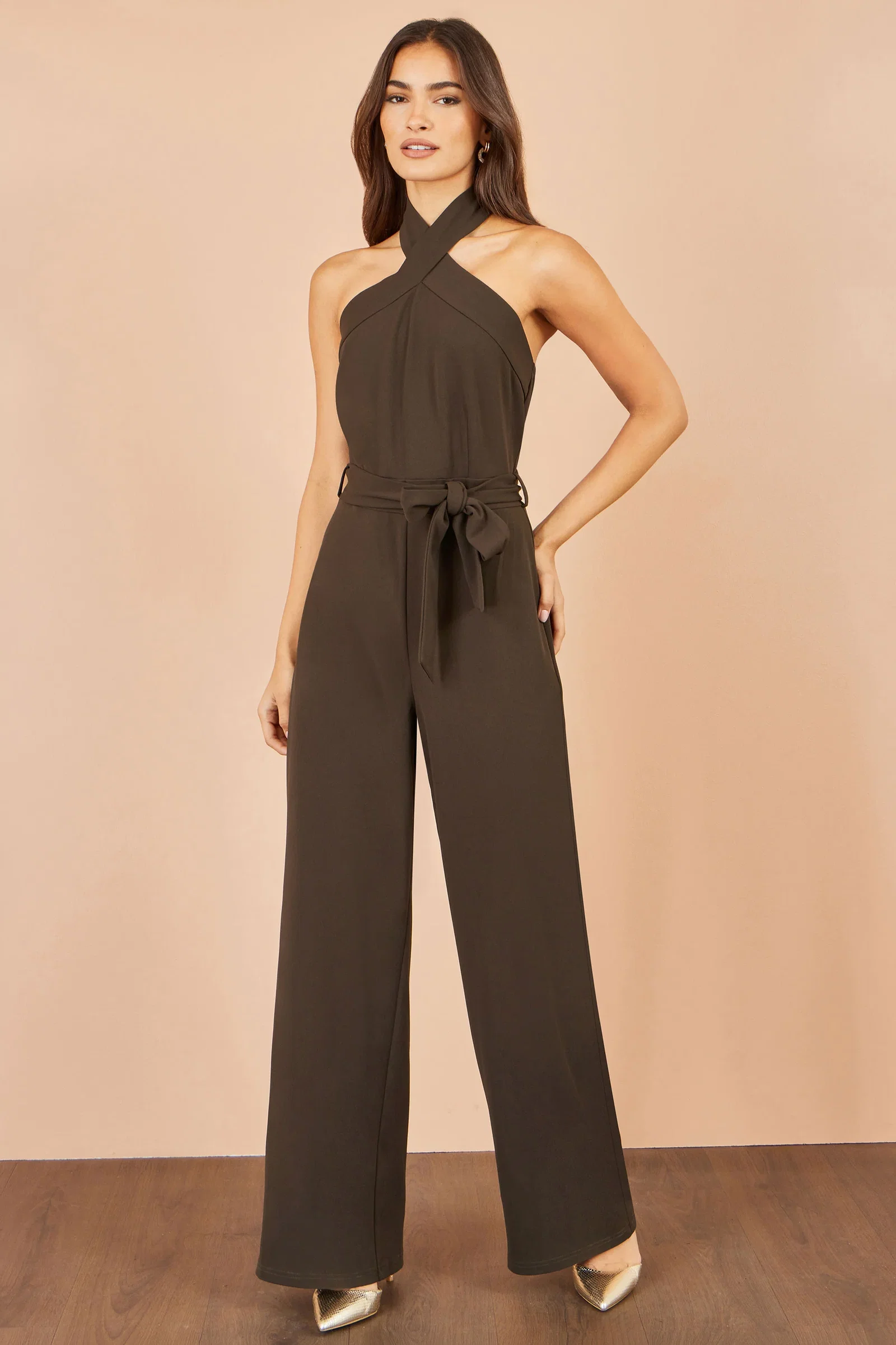 Yumi Brown Cross Over Halter Neck Jumpsuit