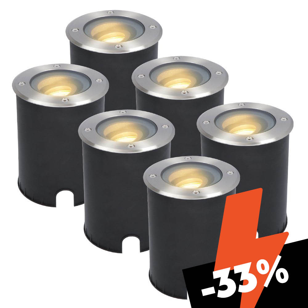 Set of 6 Lilly LED Ground Spots – Dimmable – Adjustable – GU10 – Round – 2700K warm white – 4 watts, 345 lumens – IK10 – Stainless steel – IP67 waterproof