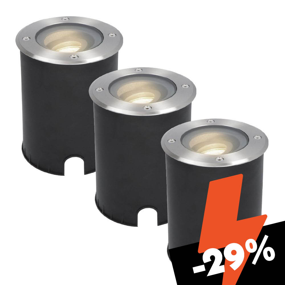 Set of 3 Lilly LED Ground Spots – Dimmable – Adjustable – GU10 – Round – 2700K warm white – 4 watts, 345 lumens – IK10 – Stainless steel – IP67 waterproof