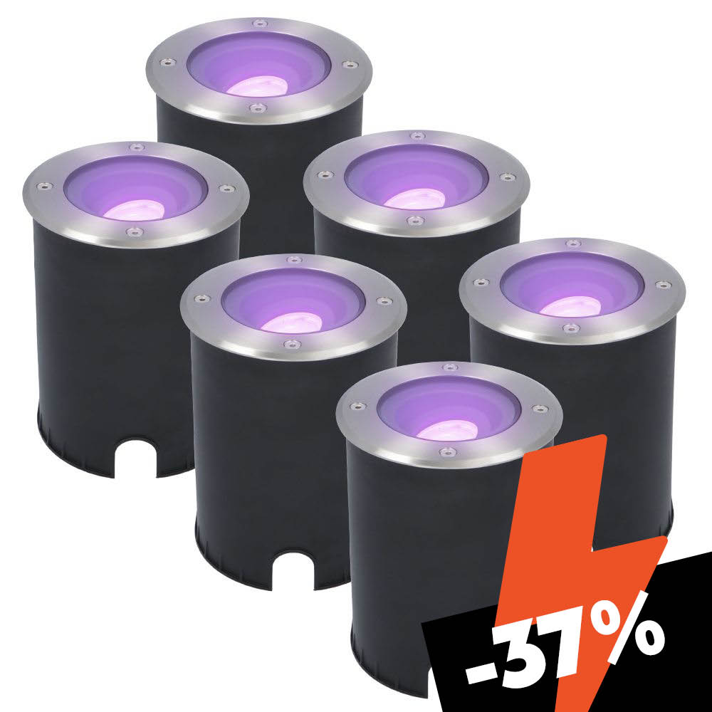 Set of 6 Lilly Smart Outdoor Ground Spots – 4.8 watts, 345 lumens – RGBWW – Wi-Fi + Bluetooth – Tiltable – Controllable via app – IP67 – Google Home – Amazon Alexa – Stainless steel
