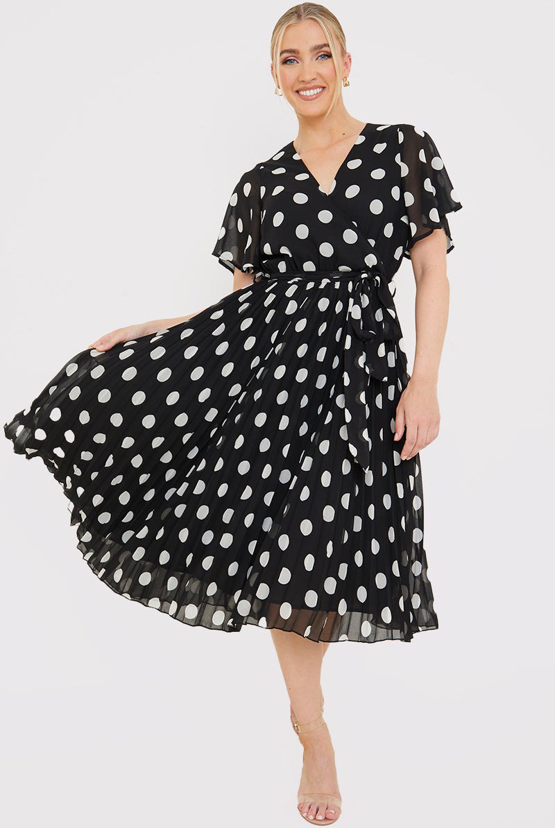 Polka Dot Print Pleated Wrap Midi Dress
