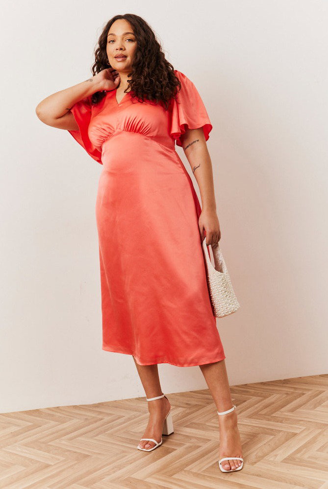 Coral Satin Flutter Sleeve Midaxi Slip Dress