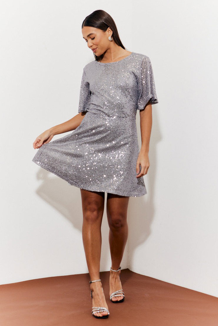 Flutter Sleeve Cowl Back Sequin Mini Dress