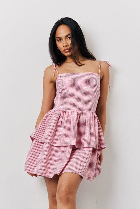 Red Seersucker Gingham Shirred Mini Dress