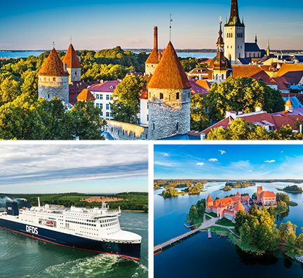 Bildcollage: Türme und Kirchturmspitzen der Stadt Tallinn, Außenansicht DFDS Fährschiff, Wasserburg Trakai.