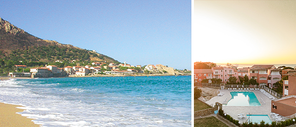 Bildcollage: Strand von Algajola und Hotelansicht vom Hotel Maristella