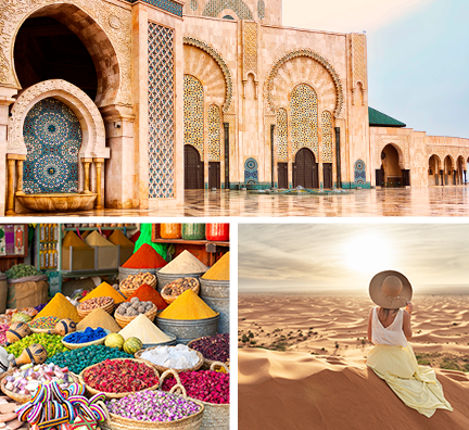 Bildcollage: Frau auf Sanddüne schaut in den Sonnenuntergang, bunte Gewürze auf einem Markt, prunkvolle Hassan II-Moschee.