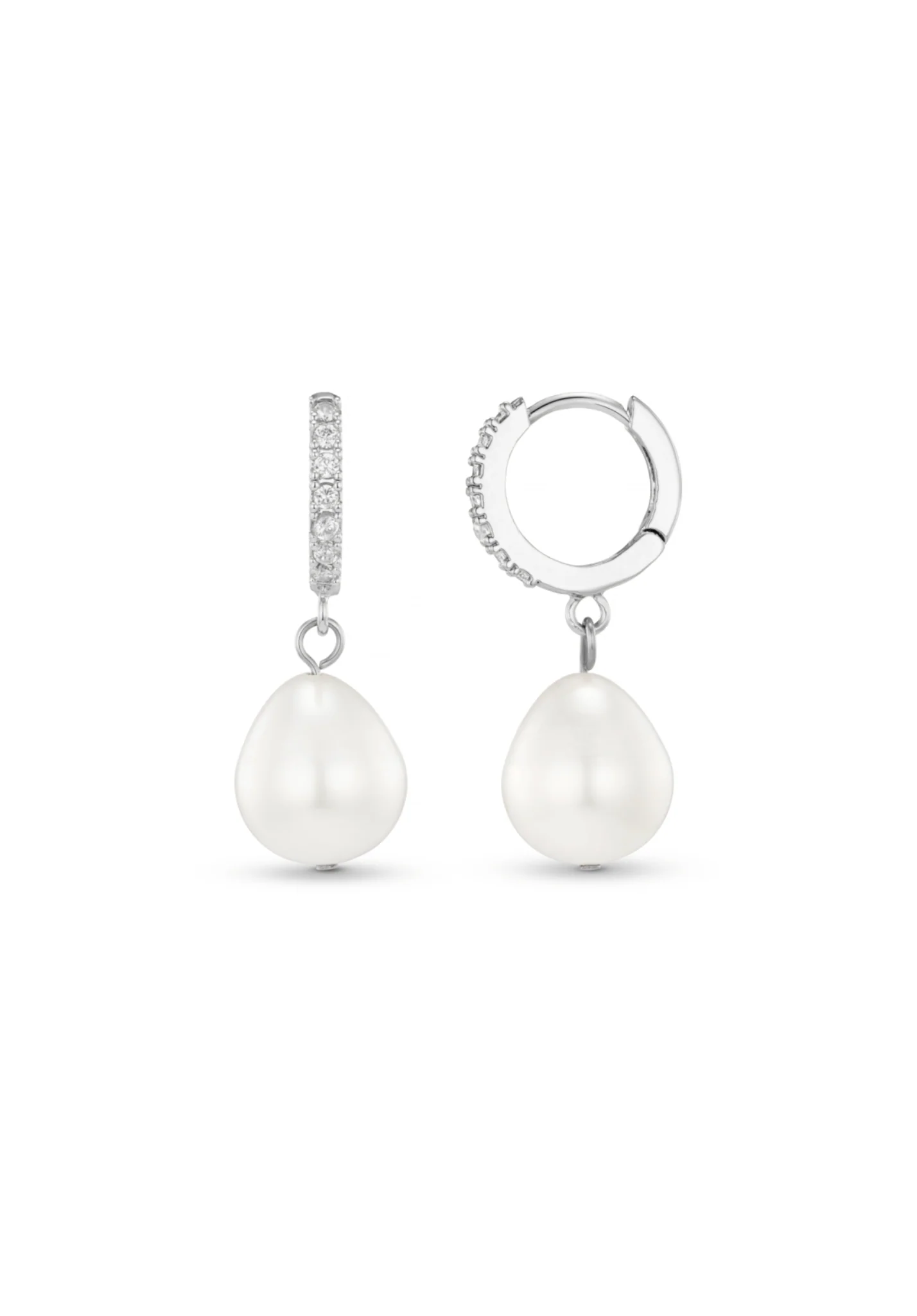 Image of Pearl Drop Pavé Huggie Hoop Earrings - Silver