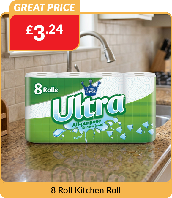 8 roll kitchen roll. Great price, £3.24