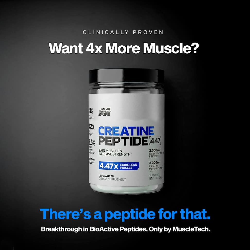 Bottle of Creatine Peptide 447 shown on black background