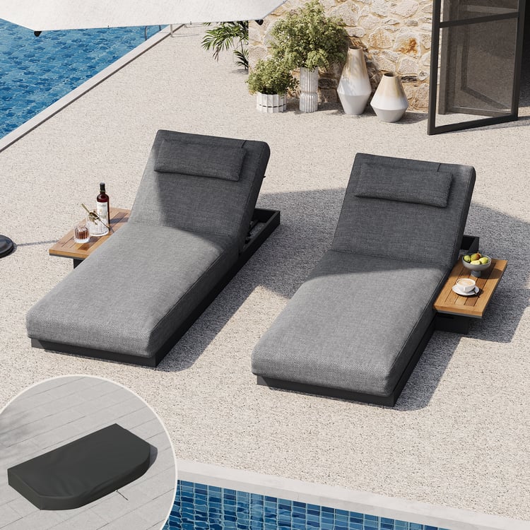 Tevara 2-Piece Dark Gray Teak Aluminum Adjustable Outdoor Chaise Lounge with Cover