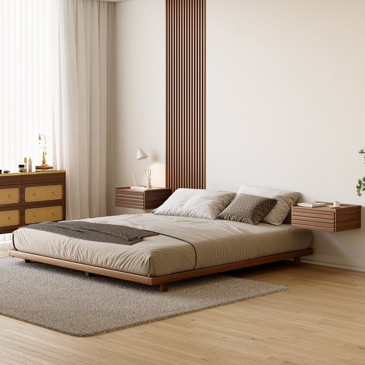 Japanese Style King Floor Wood Bed in Walnut