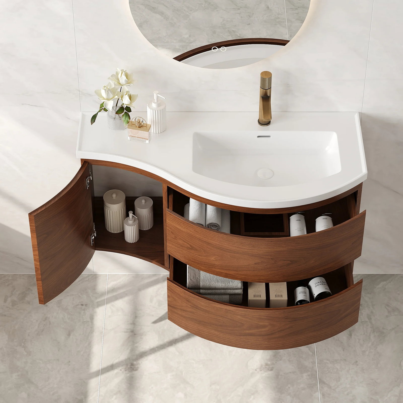 35" Floating Single Curved Bathroom Vanity with Sink & Storage