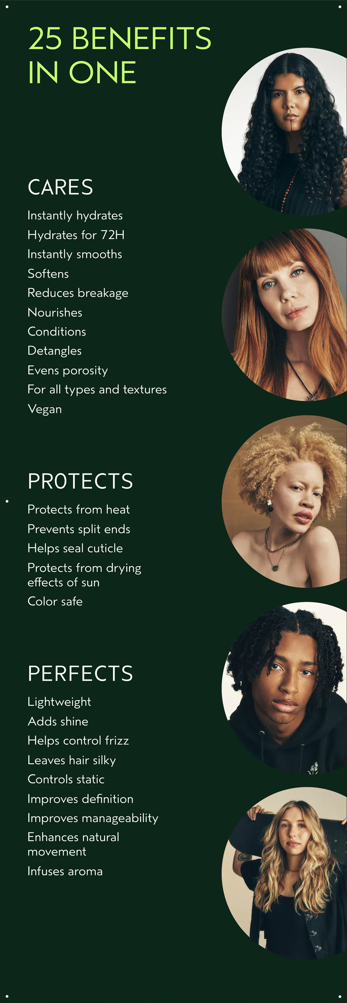 25 BENEFITS IN ONE | CARES | Instantly hydrates Hydrates for 72H Instantly smooths Softens Reduces breakage Nourishes Conditions Detangles Evens porosity For all types and textures Vegan | PROTECTS | Protects from heat Prevents split ends Helps seal cuticle Protects from drying effects of sun Color safe | PERFECTS | Lightweight Adds shine Helps control frizz Leaves hair silky Controls static Improves definition Improves manageability Enhances natural movement Infuses aroma