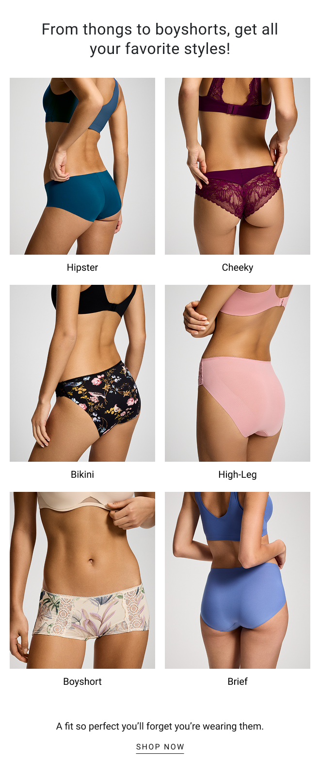 From thongs to boyshorts, get all your favorite styles! Hipster Cheeky Bikini High-Leg Boyshort Brief A fit so perfect you’ll forget you’re wearing them. SHOP now
