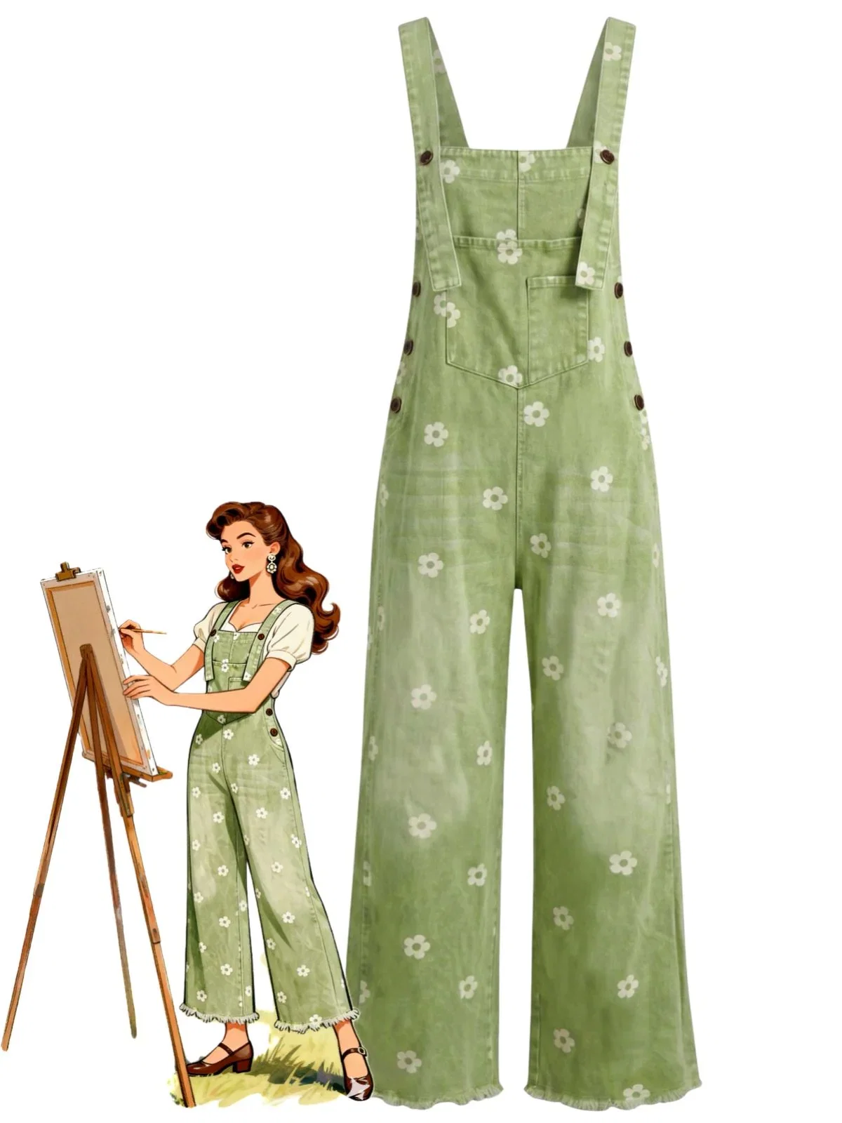 1940s Floral Denim Patchwork Wide-Leg Overalls Jumpsuit