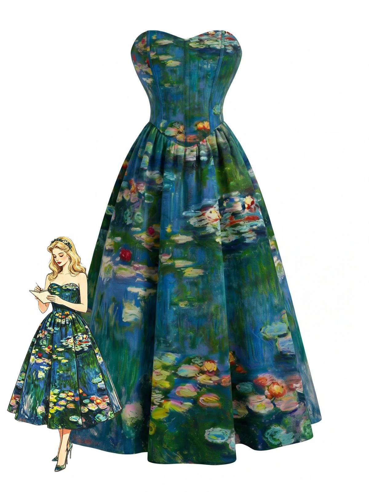 Blue 1950s Water Lily Sweetheart Strapless Dress