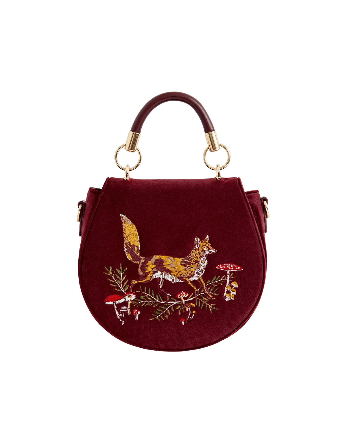 Image of Fox & Mushroom Embroidered Saddle Bag - Redcurrant Velvet