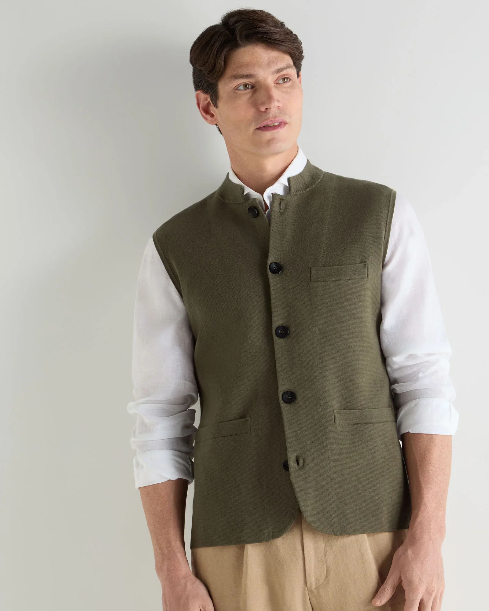 Image of Men's Penzance Cotton Cashmere Gilet Khaki Green