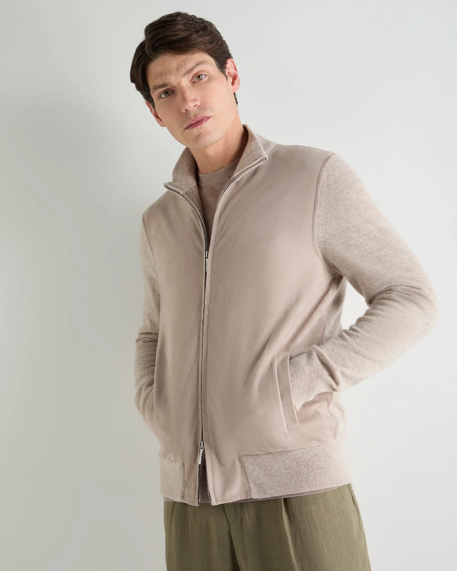 Image of Men's Suede Front Zip Through Toasted Sesame Brown